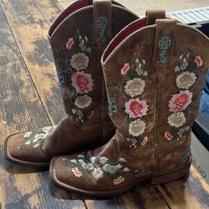 Macie Bean Brown Leather Western Boots with Pink & Teal Floral Embroidery